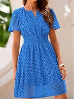 Women's V Neck Smocked Waist Eyelet Dress