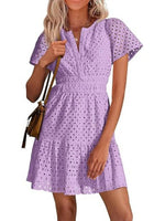 Women's V Neck Smocked Waist Eyelet Dress