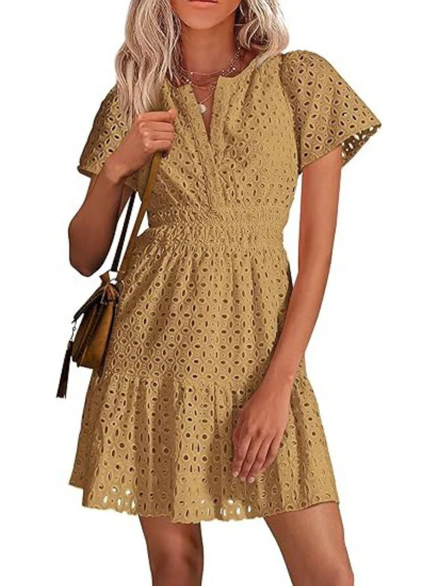 Women's V Neck Smocked Waist Eyelet Dress