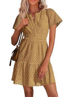 Women's V Neck Smocked Waist Eyelet Dress