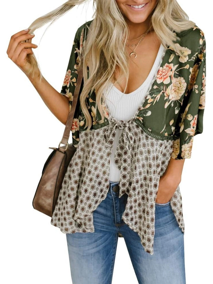 Women's Floral Kimono Ruffle Sleeve Tie Cardigans Flowy Boho Loose Cover Ups
