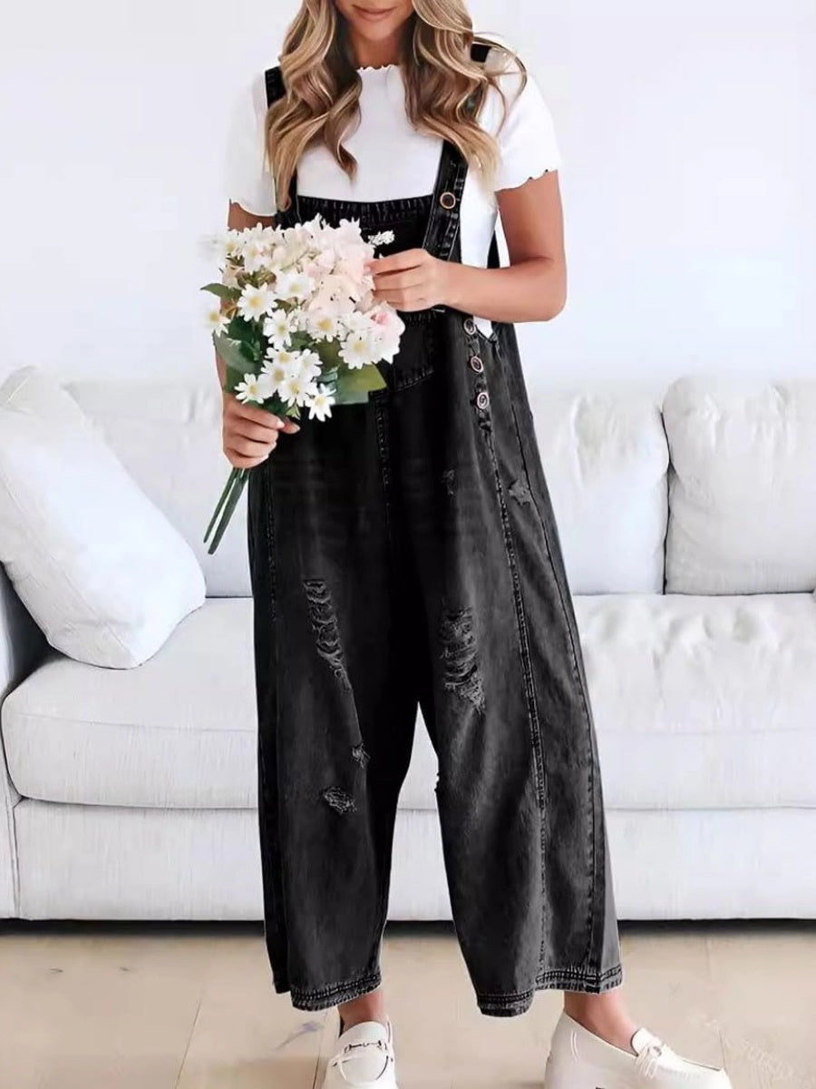 Women's Loose Fit Adjustable Strap Distressed Denim Bib Overalls