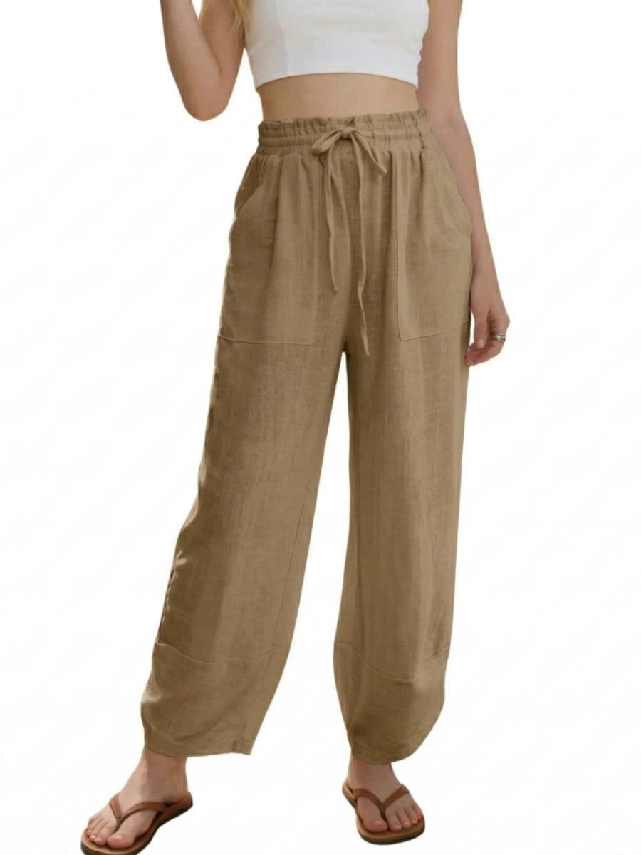 Women's Linen Loose Casual Capri Pants Elastic Waistband with Pockets