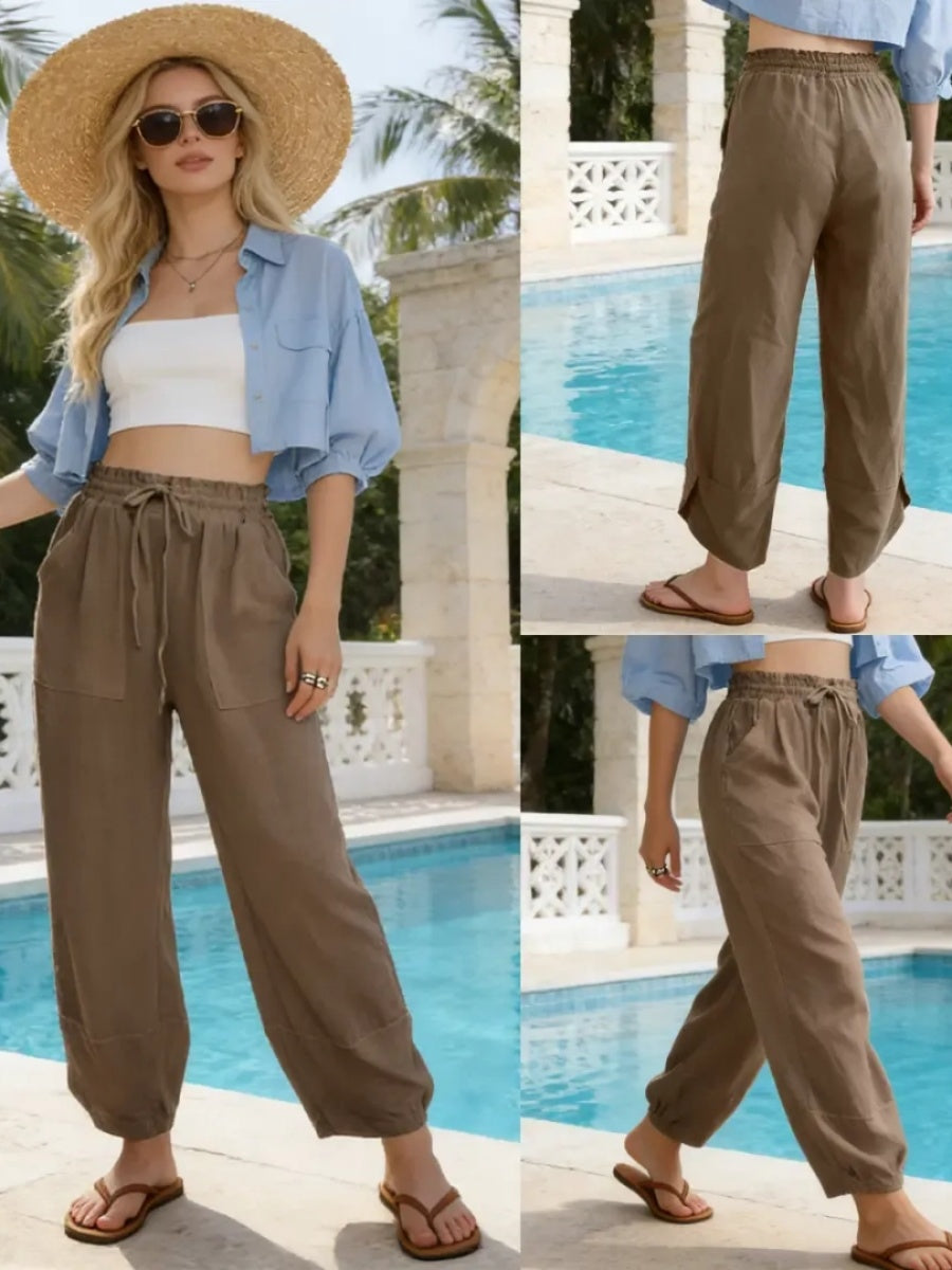 Women's Linen Loose Casual Capri Pants Elastic Waistband with Pockets