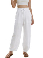 Women's Linen Loose Casual Capri Pants Elastic Waistband with Pockets