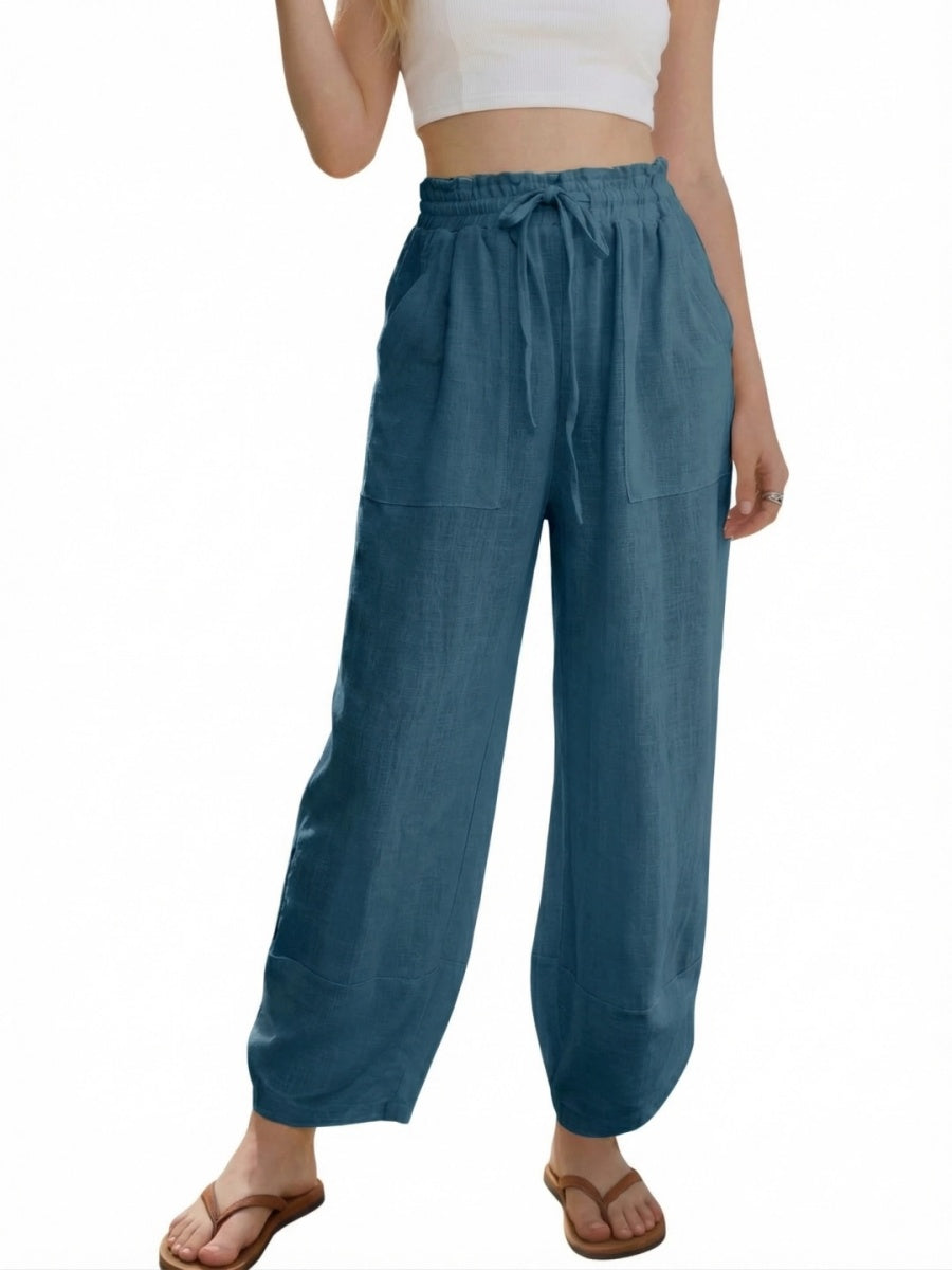 Women's Linen Loose Casual Capri Pants Elastic Waistband with Pockets