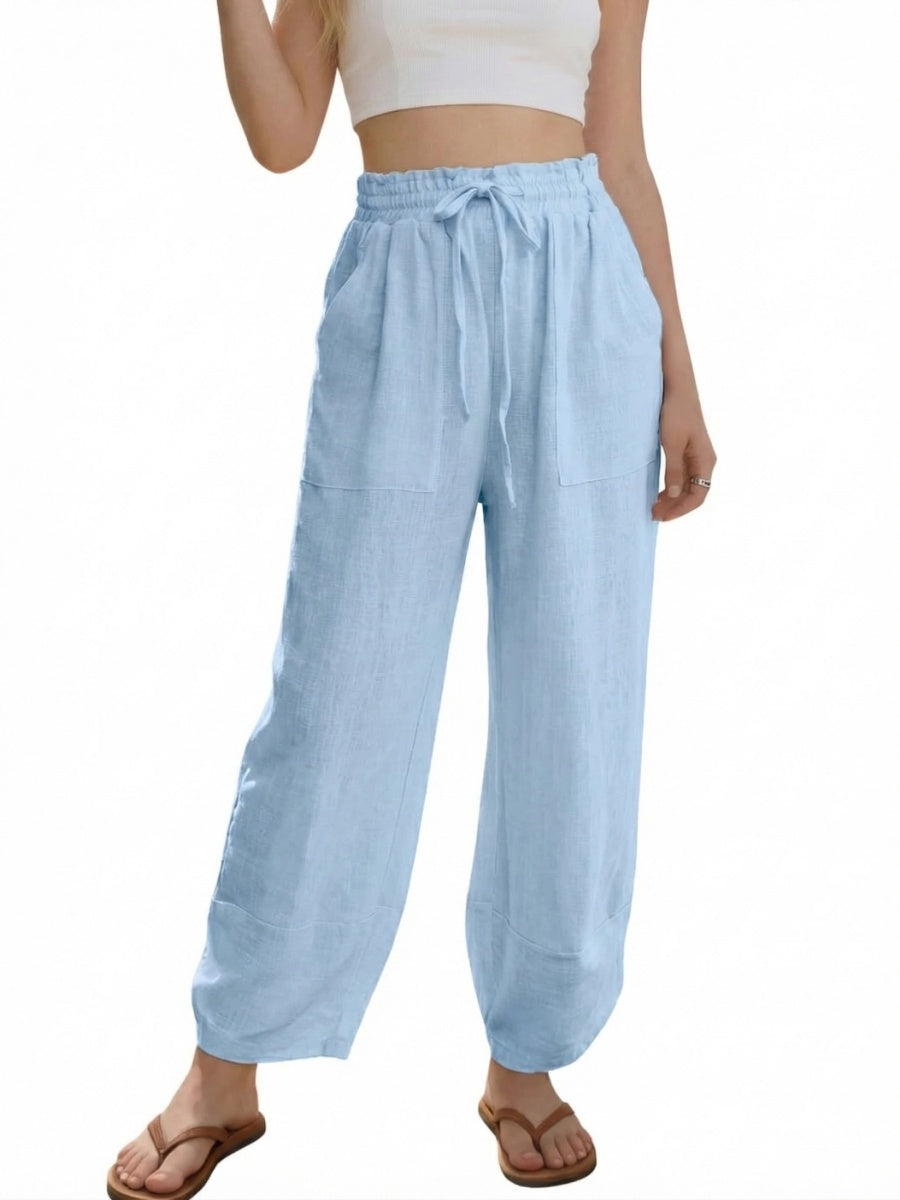 Women's Linen Loose Casual Capri Pants Elastic Waistband with Pockets