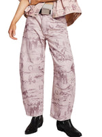 Women's Mid-rise Floral Print Cropped Loose Wide-leg Jeans
