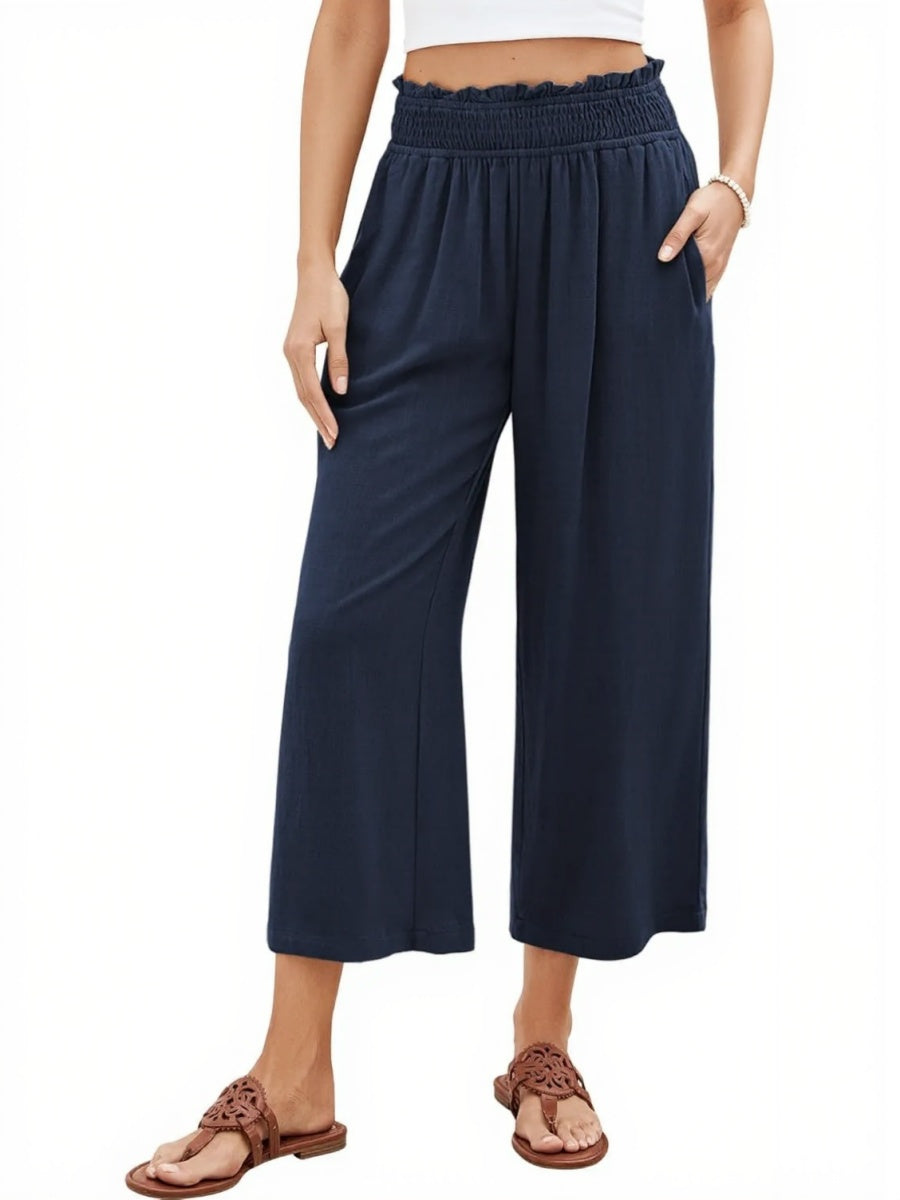 Women's High Waisted Wide Leg Linen Elastic Smock Waist Capri Pants