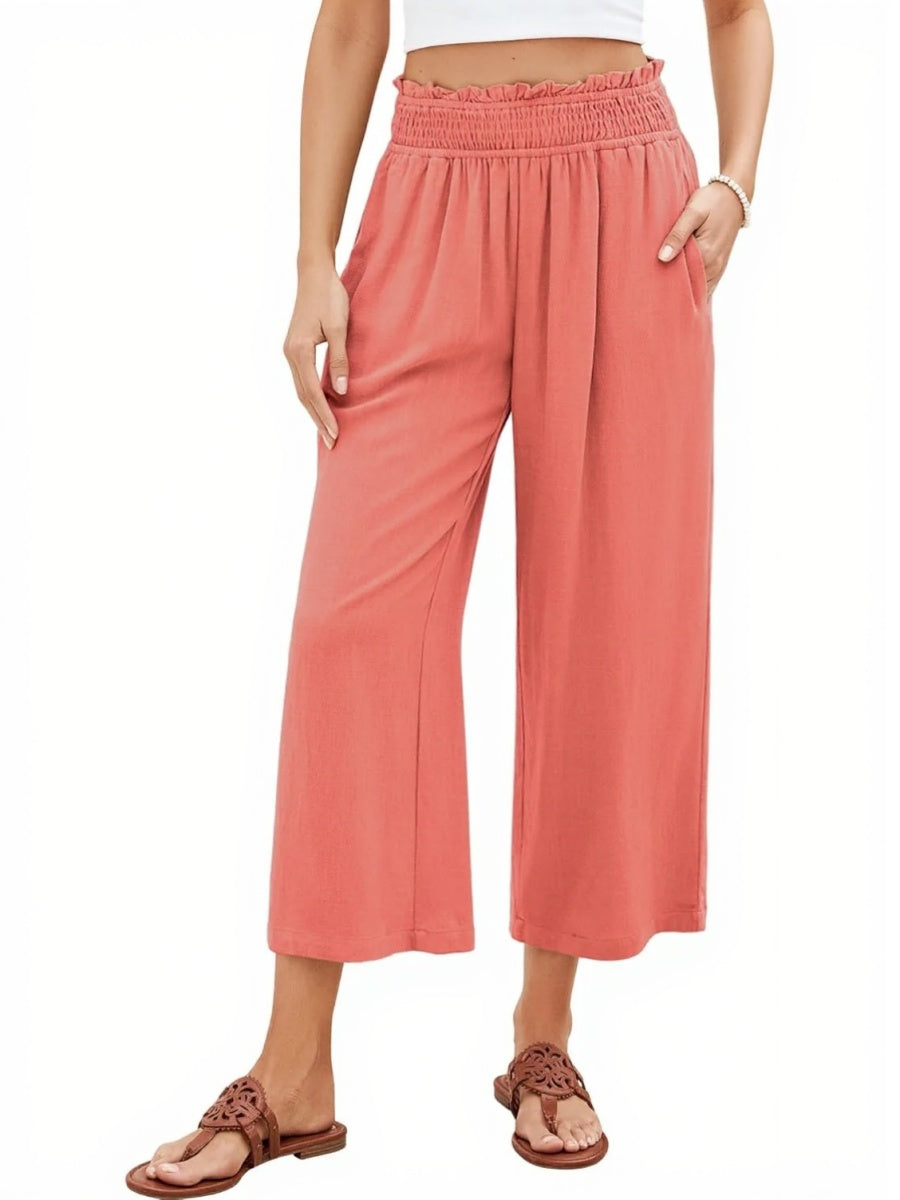 Women's High Waisted Wide Leg Linen Elastic Smock Waist Capri Pants