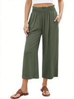 Women's High Waisted Wide Leg Linen Elastic Smock Waist Capri Pants
