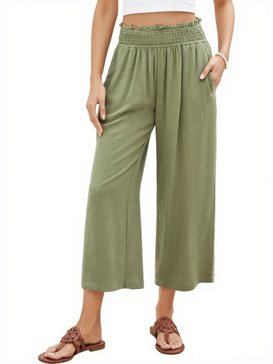 Women's High Waisted Wide Leg Linen Elastic Smock Waist Capri Pants