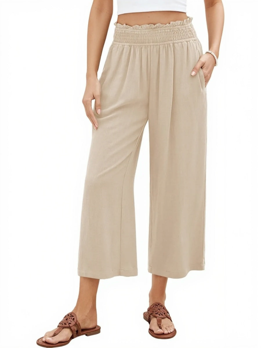 Women's High Waisted Wide Leg Linen Elastic Smock Waist Capri Pants