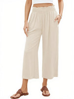 Women's High Waisted Wide Leg Linen Elastic Smock Waist Capri Pants