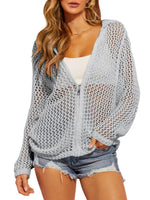 Womens Crochet Lightweight Cardigans Zip Up Hooded Cover Up