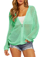 Womens Crochet Lightweight Cardigans Zip Up Hooded Cover Up