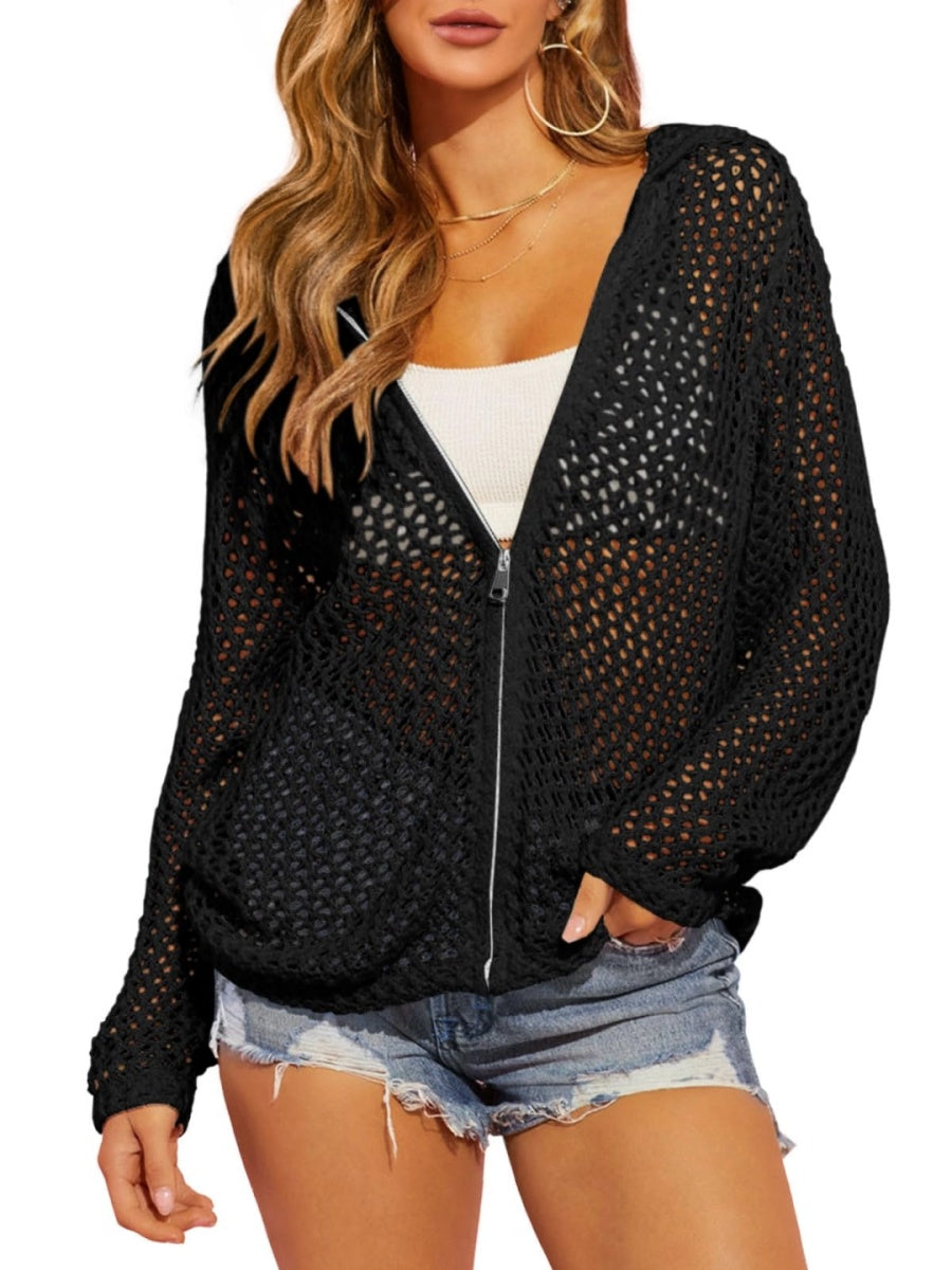 Womens Crochet Lightweight Cardigans Zip Up Hooded Cover Up