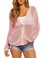 Womens Crochet Lightweight Cardigans Zip Up Hooded Cover Up