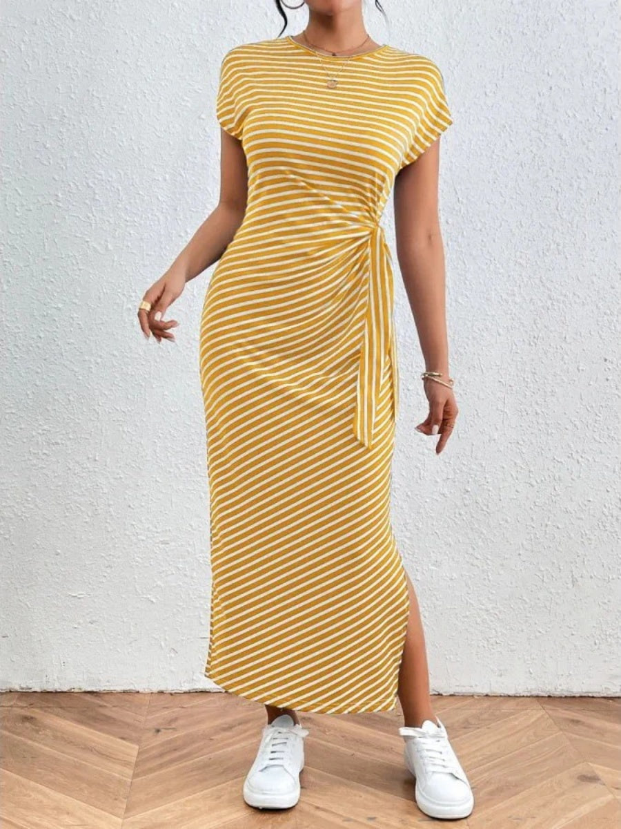 Women's Waist Slim Striped Slit Maxi Dress