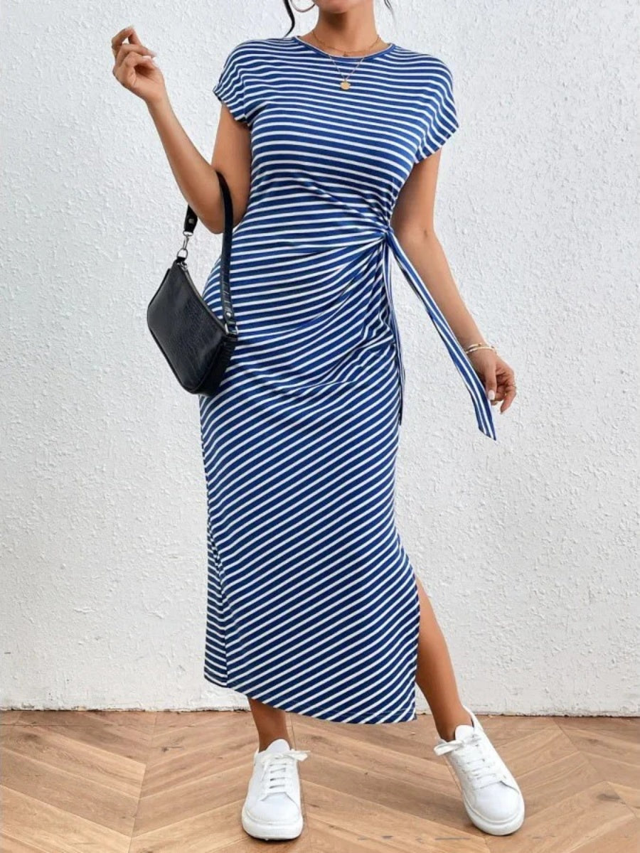 Women's Waist Slim Striped Slit Maxi Dress