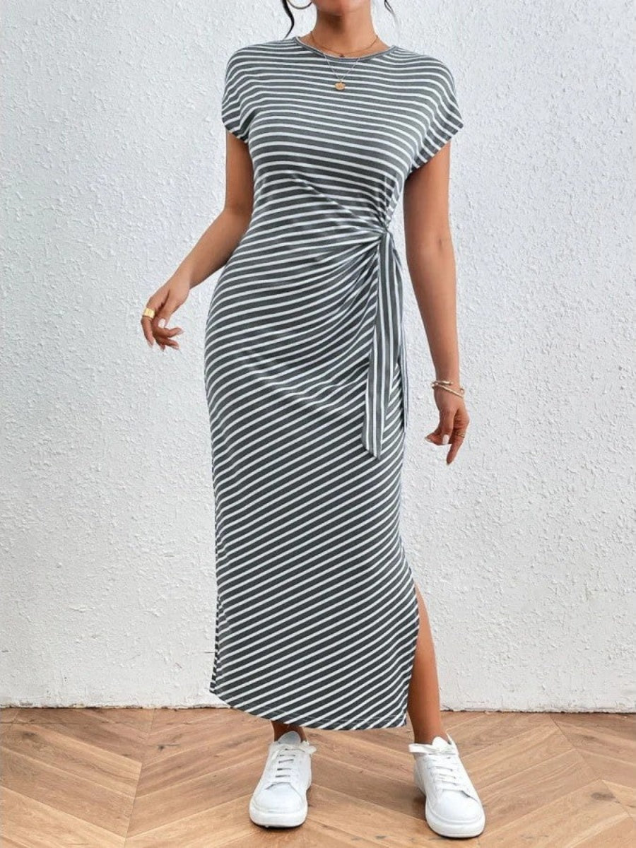 Women's Waist Slim Striped Slit Maxi Dress