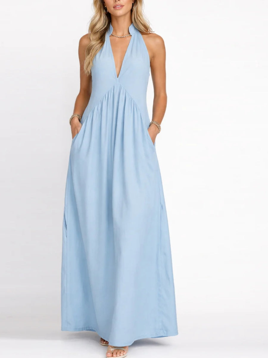 Women's Halter Neck Deep V Maxi Dress with Pockets