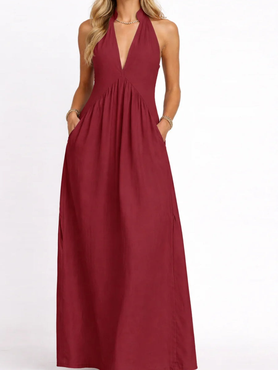 Women's Halter Neck Deep V Maxi Dress with Pockets