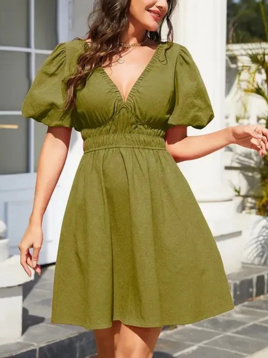 Women's V-Neck Elastic Waist Flowy Dress