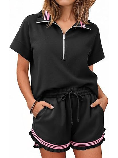 Women's Striped Trim Half-Zip Lounge Set