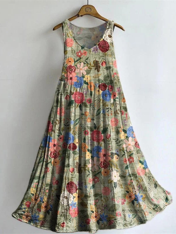 Vintage Floral-embellished Patterned Art Print V Neck Sleeveless Cotton Pocket Dress