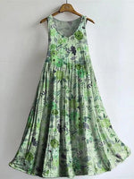Vintage Floral-embellished Patterned Art Print V Neck Sleeveless Cotton Pocket Dress