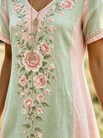 Women's Watercolor Floral Glitter Print Cotton V-Neck Dress