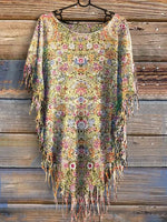 Women's Vintage Floral Art Print Batwing Tassel Fringed Poncho Dress