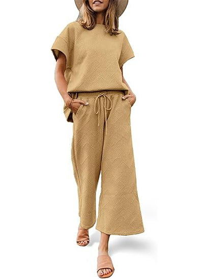 Women's Short Sleeve Tops and Cropped Wide Leg Pants Sweatsuit