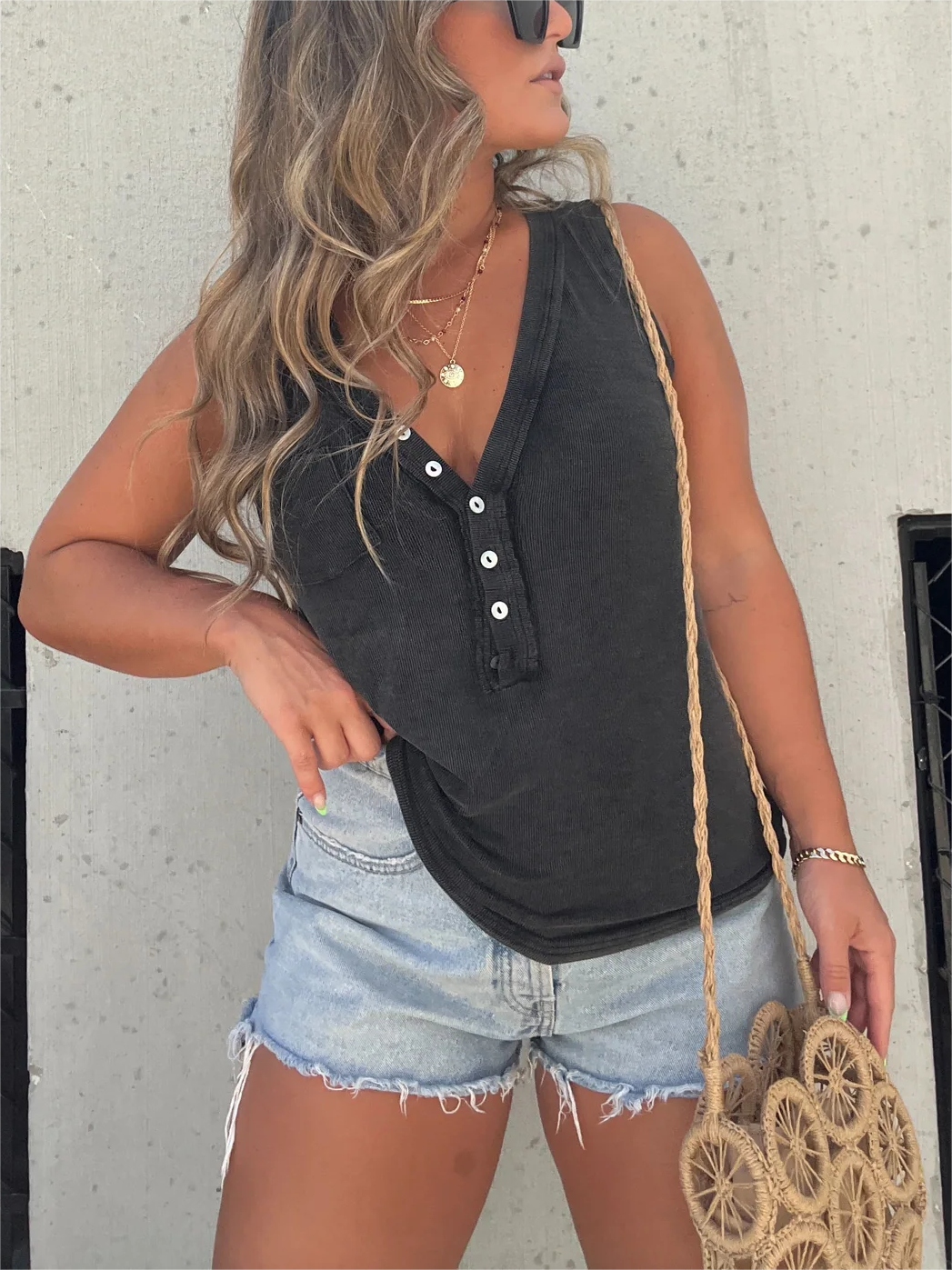 Women's Washed Button Tank