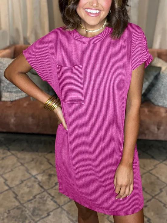 New In - Ribbed Round Neck Pocket Dress