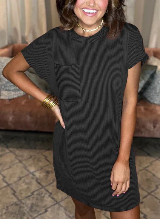 New In - Ribbed Round Neck Pocket Dress