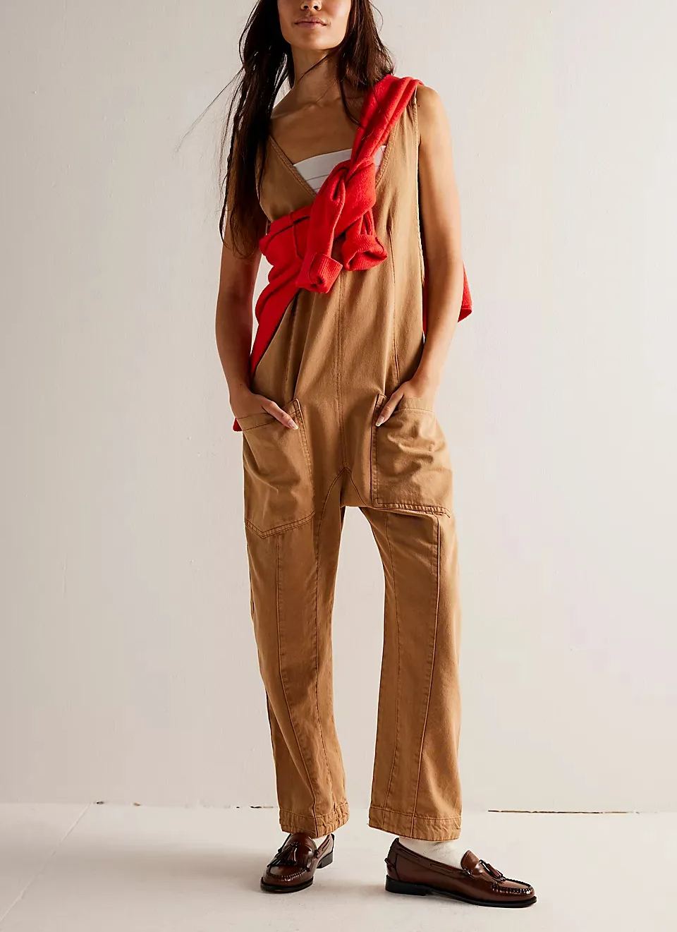 Women's Denim Sleeveless Loose Jumpsuit with Pockets