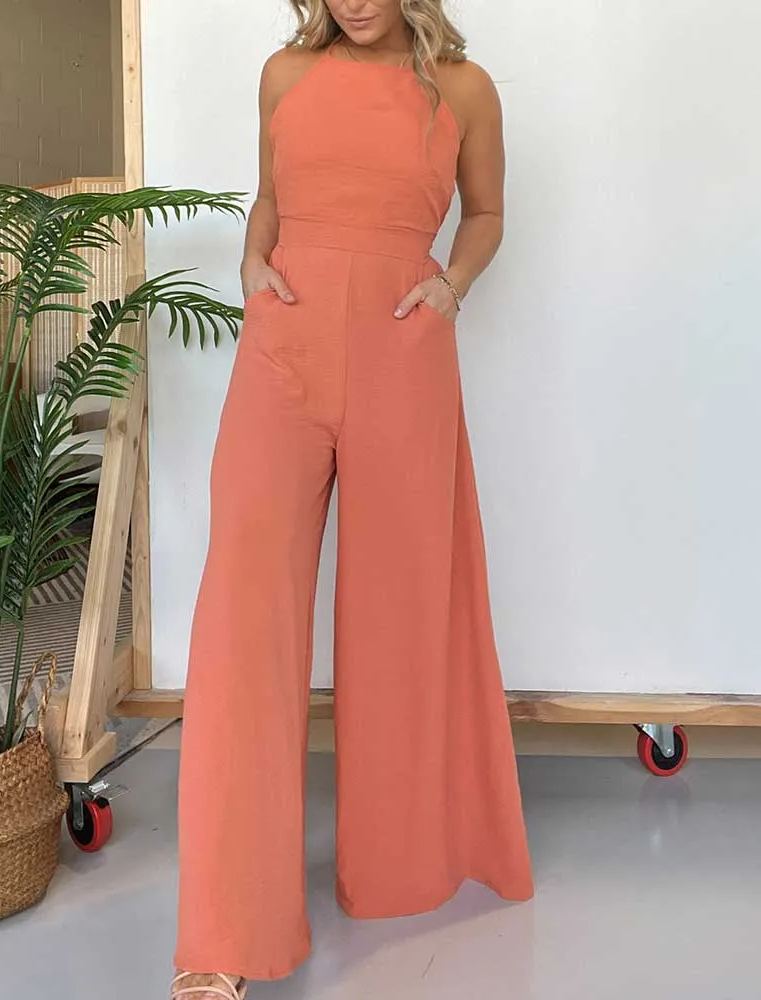 Halter Neck Open Back Jumpsuit with Adjustable Neck