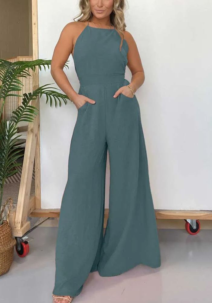Halter Neck Open Back Jumpsuit with Adjustable Neck