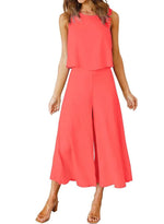 Women's Sleeveless Tank Crop Top Wide Leg Flowy Pants Set