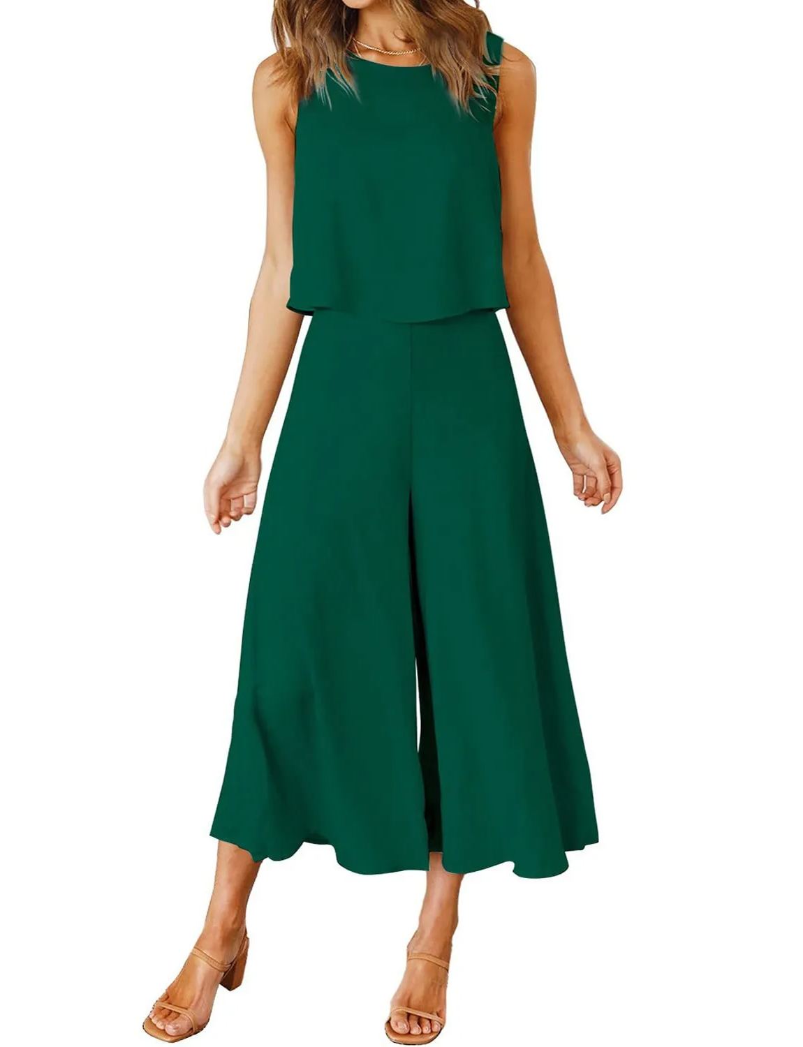 Women's Sleeveless Tank Crop Top Wide Leg Flowy Pants Set