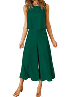 Women's Sleeveless Tank Crop Top Wide Leg Flowy Pants Set