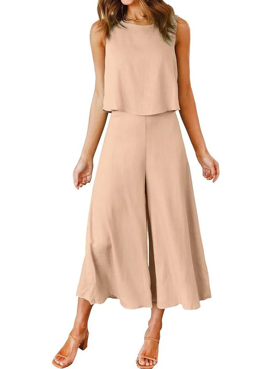 Women's Sleeveless Tank Crop Top Wide Leg Flowy Pants Set