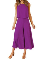 Women's Sleeveless Tank Crop Top Wide Leg Flowy Pants Set