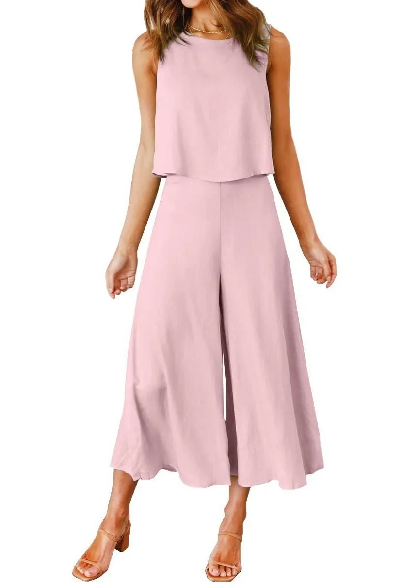 Women's Sleeveless Tank Crop Top Wide Leg Flowy Pants Set