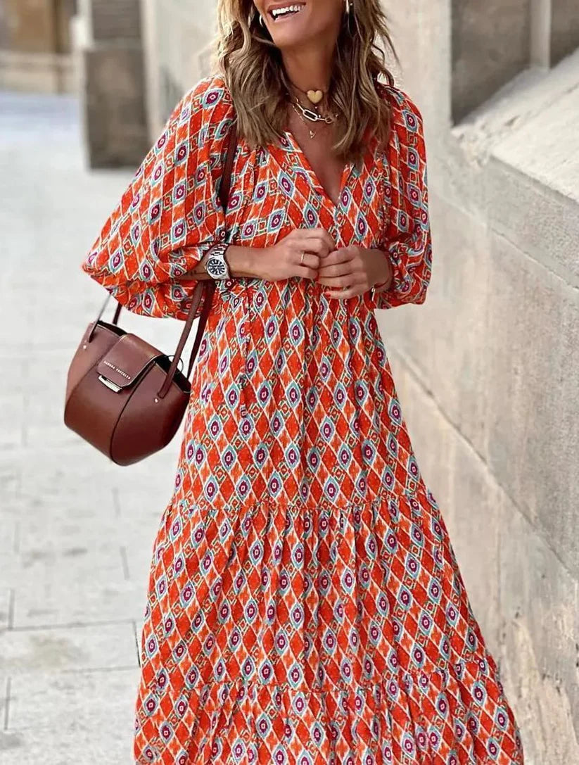 Women's Puff Sleeve Smocked Ruffle Boho Maxi Dress