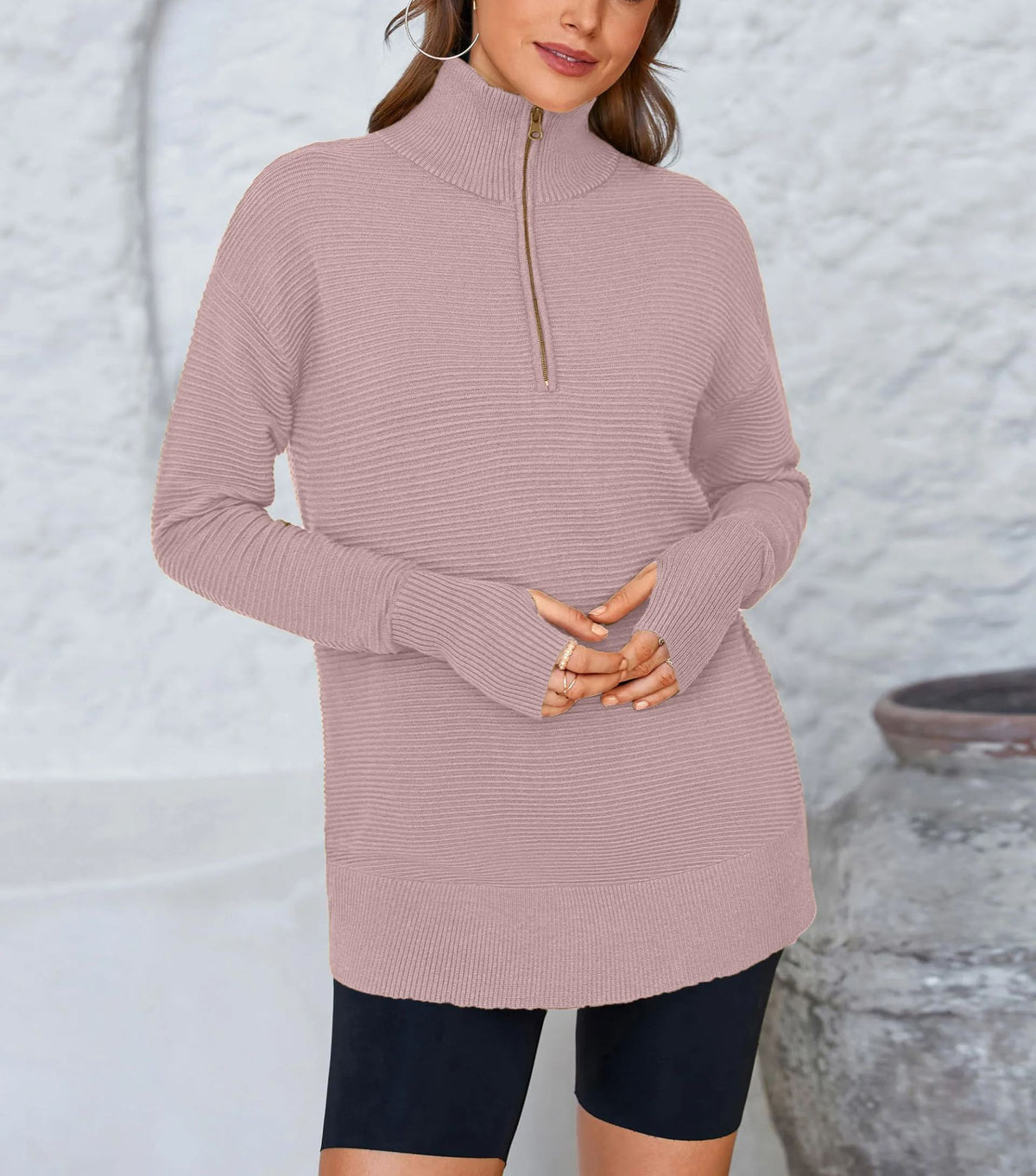 Women's Half Zip Oversized Ribbed Knit Pullover Sweater (Buy2 Free Shipping )