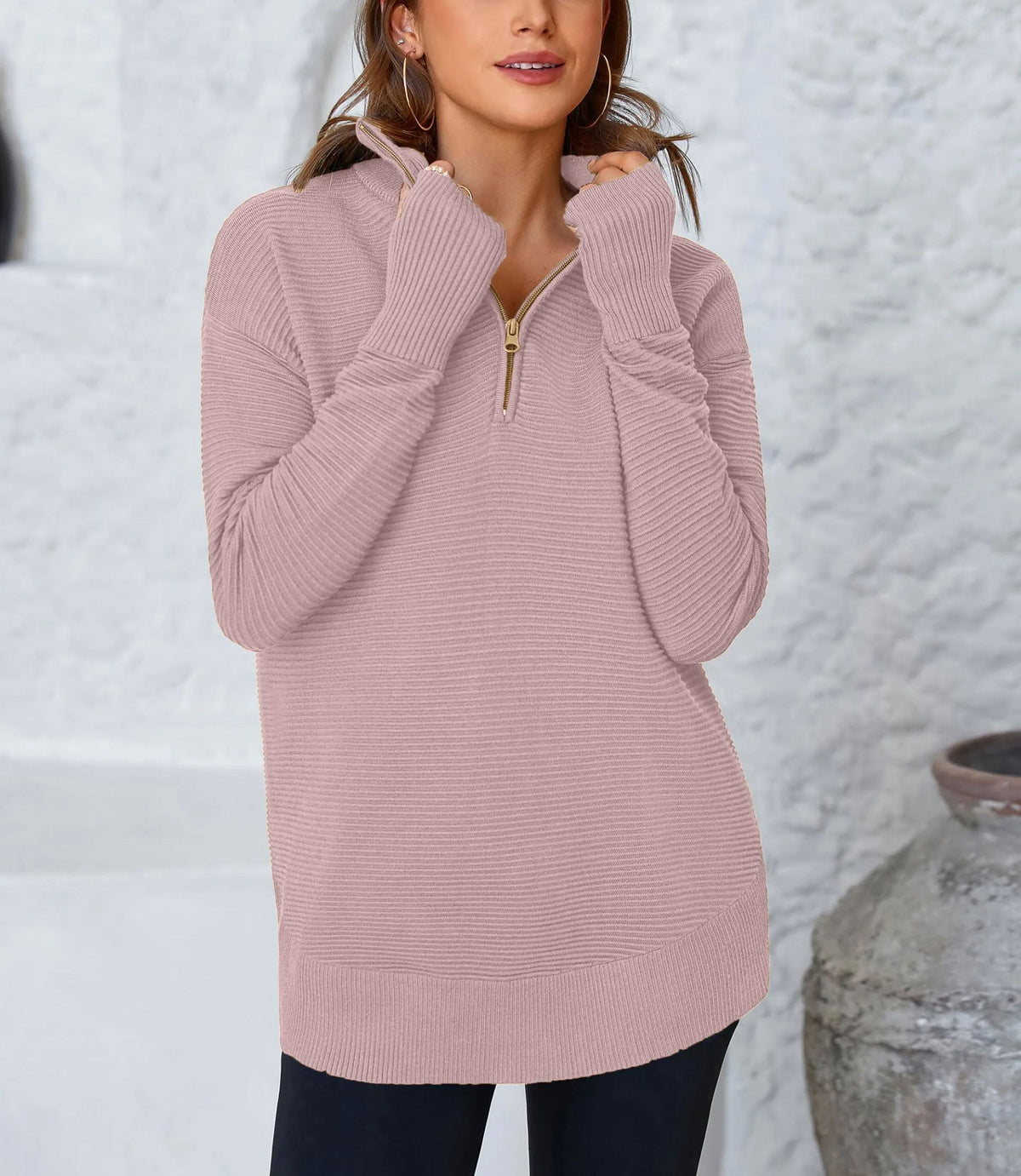 Women's Half Zip Oversized Ribbed Knit Pullover Sweater (Buy2 Free Shipping )