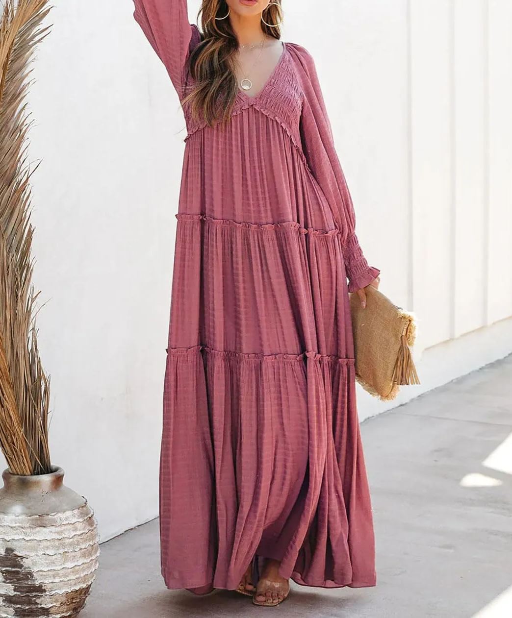 Women's Long Sleeve V Neck Boho Flowy Maxi Dresses